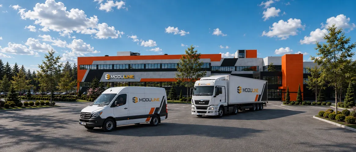 Camion și dubă de livrare Moduline în fața fabricii ViTRA