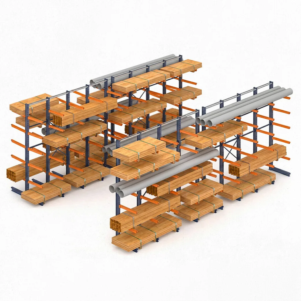Randare a unui rând de rafturi Cantilever Stratus cu două fețe încărcate cu lemn