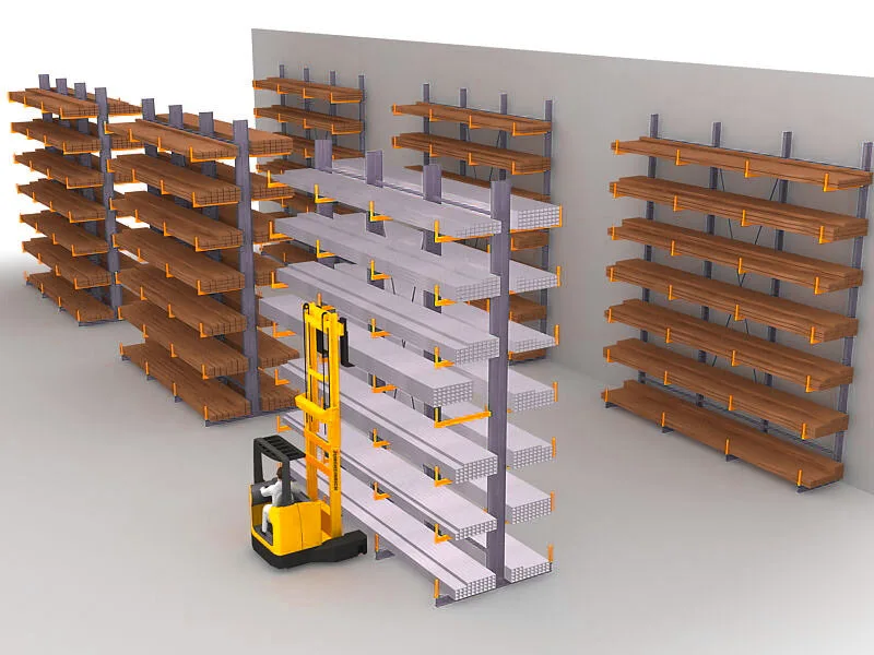 Randare a rafturilor Cantilever Stratus cu una și două fețe, cu un stivuitor