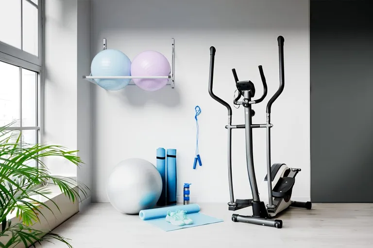 Mingi de fitness pe un suport de perete Runden lângă un eliptic
